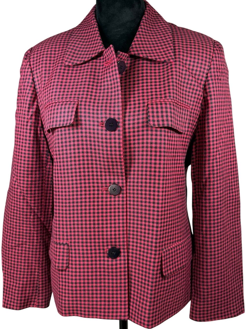 Vintage 90s Women's 12P Pink Houndstooth Blazer Jacket USA Made Rayon